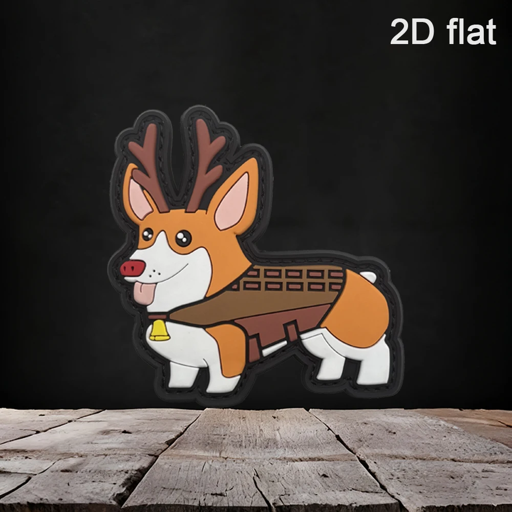 Specifications Available: 1Pc/2Pcs/3Pcs 2D Flat Christmas Reindeer Antlers Corgi Pvc Rubber Velcro Patch with Glow-In-The-Dark Effect, Featuring Magic Adhesive Backing, No 3D Raised Edges, Black Border, Dense Stitching, Durable, Waterproof, Scratch-Resistant, Non-Fading, Suitable for Tactical Vests, Backpacks, Holiday-Themed Decorations, and Patches