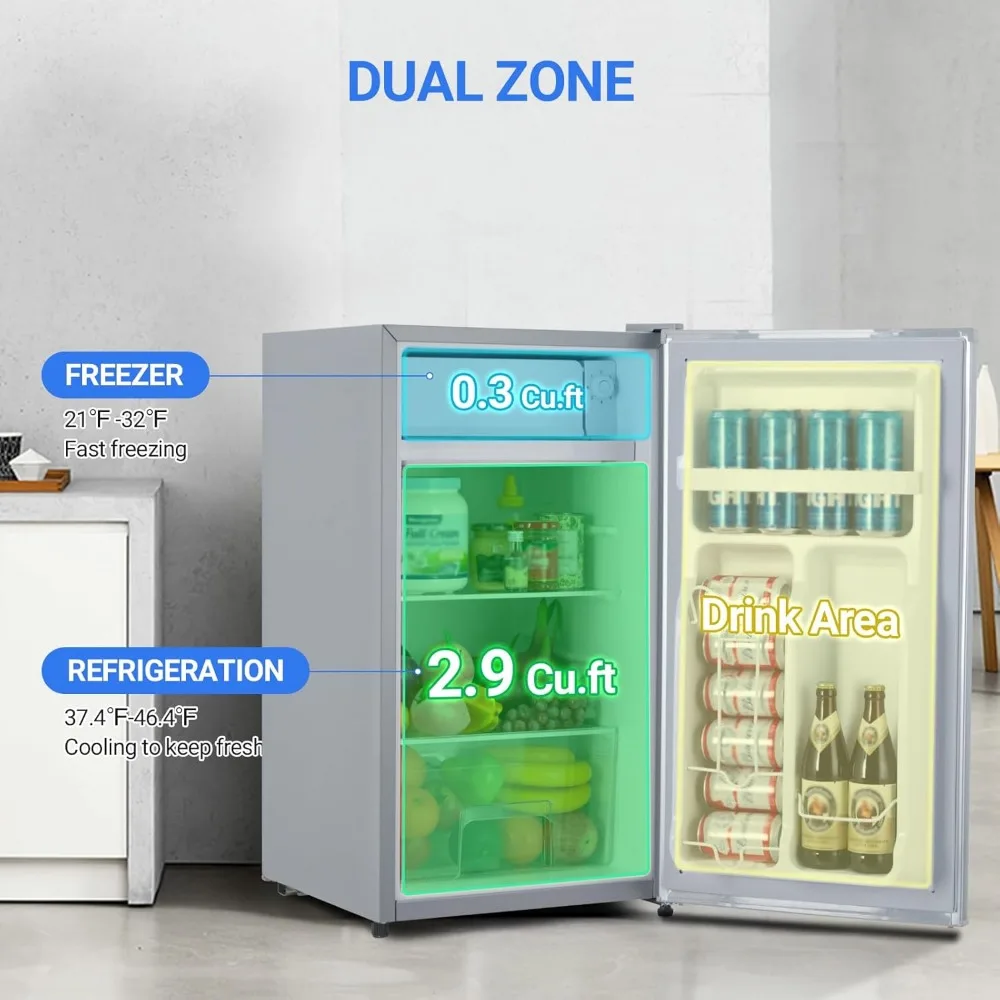 ثلاجة مدمجة مع فريزر، ثلاجة صغيرة مفردة 3.2 قدم مكعب، تحكم في الحرارة قابل للتعديل، أبواب قابلة للعكس، فري صغير