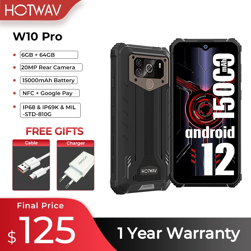 

HOTWAV W10 Pro Rugged Device 15000mAh Large Battery Android 12 Octa-Core 6.53 Inch NFC 6GB 64GB 20MP