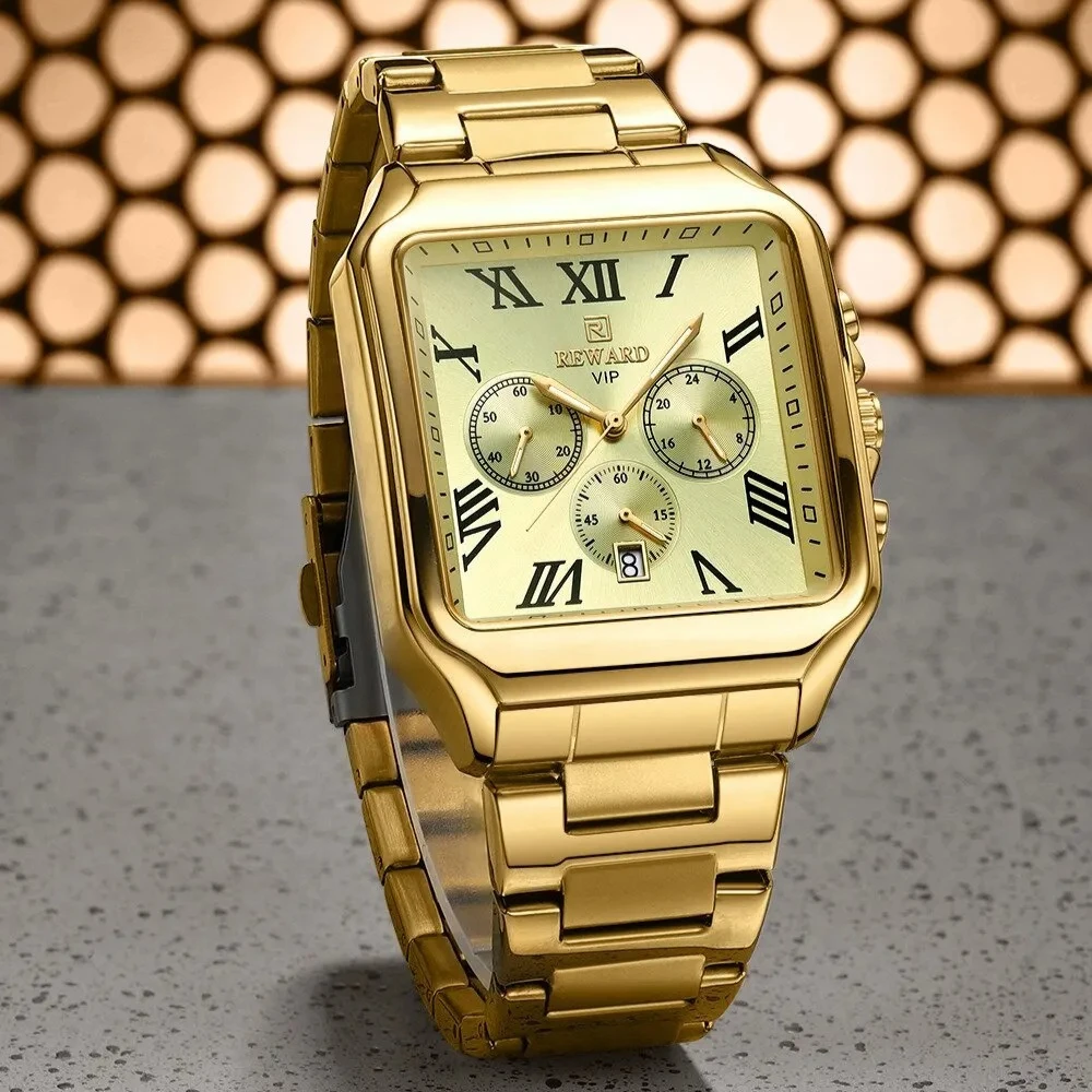 REWARD 812265 Retro Square Roman Digital Dial Men Quartz Watch Chronograph Calendar Stainless Steel Luxury Watches for Men Gift