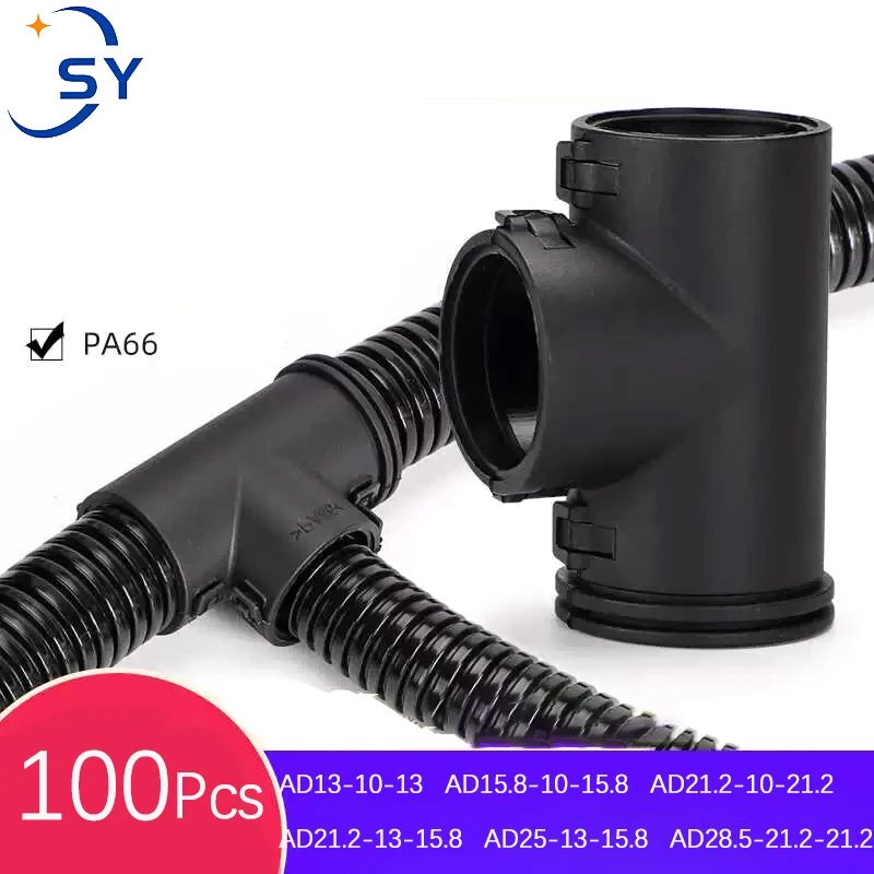 100Pcs PA66 Nylon Automobile Plastic Corrugated Pipe Joint Threading Hose T-type Flame Retardant Splitter Tee