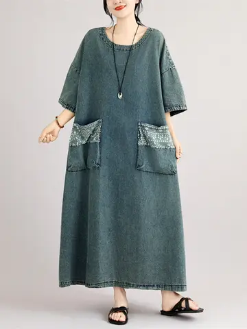Retro Washed Denim Dress with Large Pockets A-Line Loose Fit round Neck Half Sleeve Long Women's Casual Summer Fashion Dress