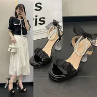 Elegant Pearl French Style High Heels Sandals Women Summer New Hot Sale Of The Season Tie Dye Skirt Matching Beautiful Thick Hee