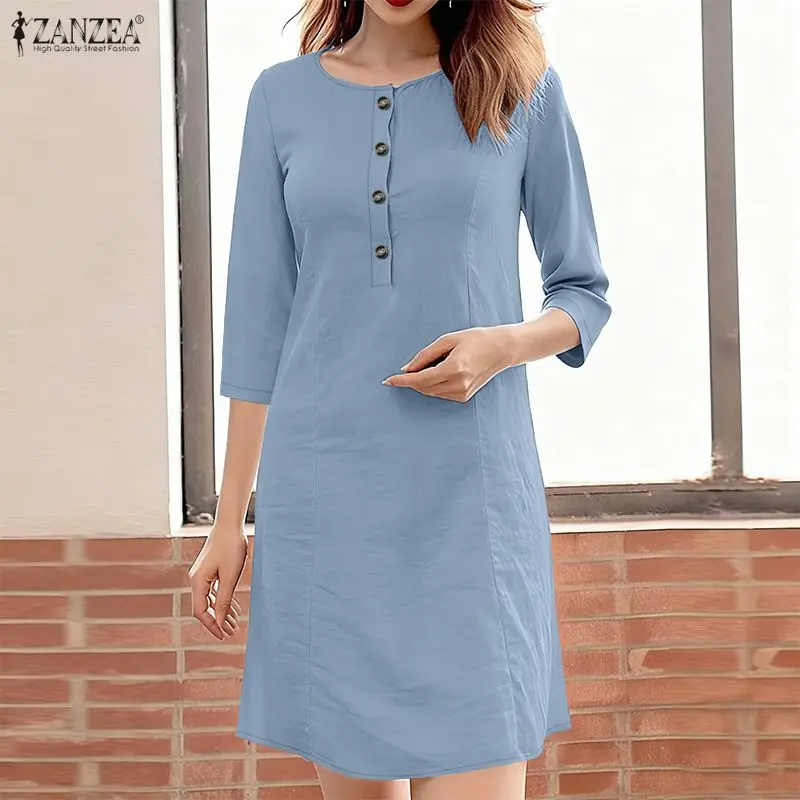 

2026 ZANZEA Женское летнее платье однотонного цвета, стильное повседневное платье с круглым вырезом и рукавом 3/4, праздничный сарафан, элегантные рабочие платья, мини-платья