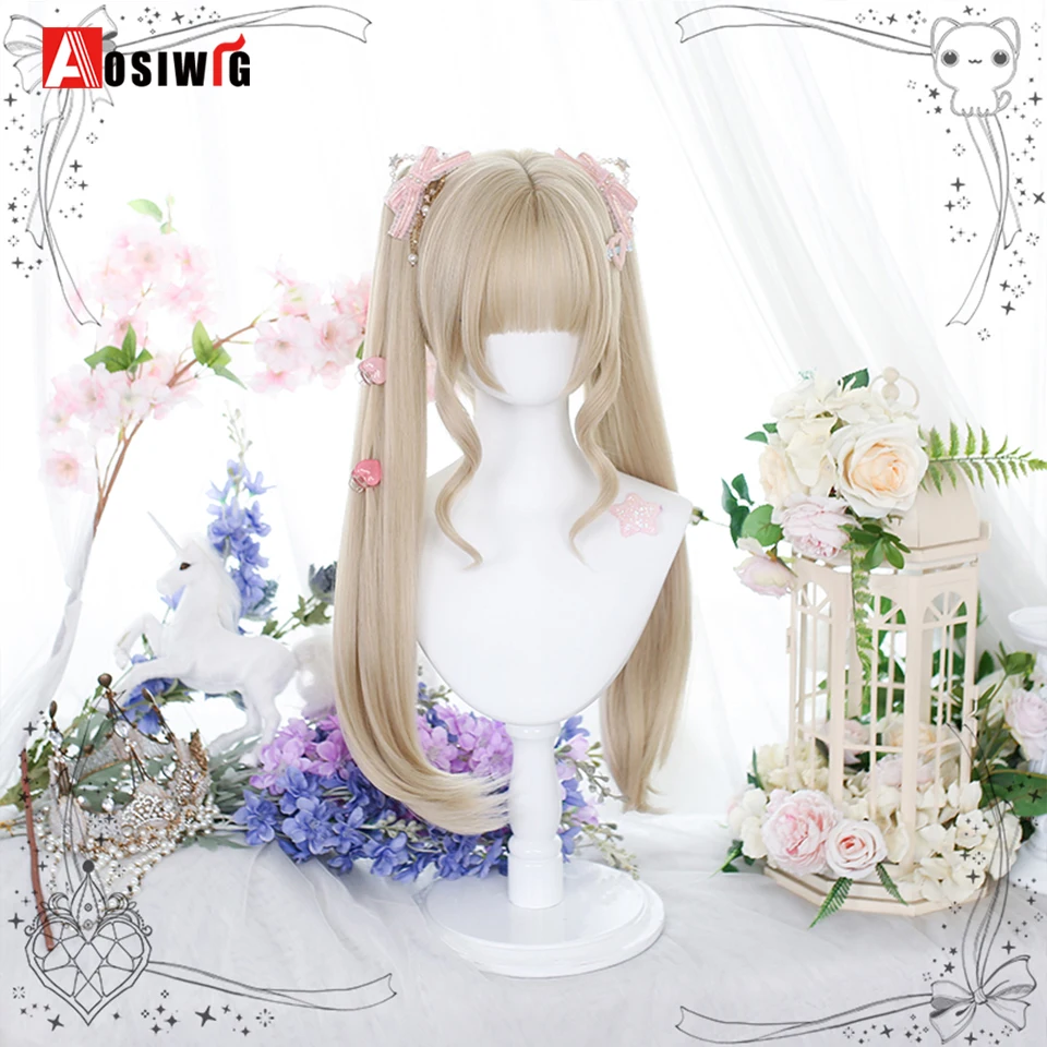 AOSI Blonde Twin Ponytail Princess Cut Natural Short Hair Synthetic Wigs With Bangs For Women Heat Resistant Cosplay Lolita Hair