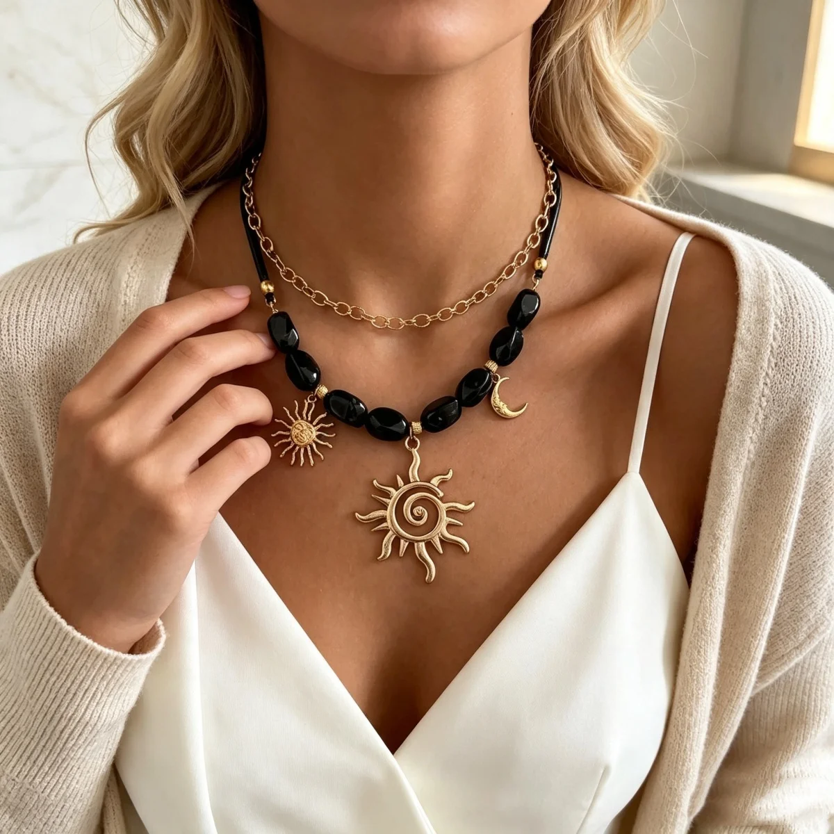 Doppelschichtige Unregelmäßige Schwarze Harzperlen Spiral-Sonne-Mond-Anhänger Halskette für Frauen und Männer Ethnischer Stil Sonnenblumen-Choker Schmuck – Detail 7