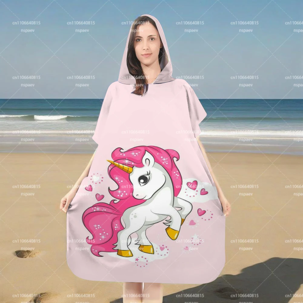 Parent-Child Pink Unicorn Print Hooded Bathrobe, Quick Dry Wearable Towel Poncho for Beach Swim Pool view 2