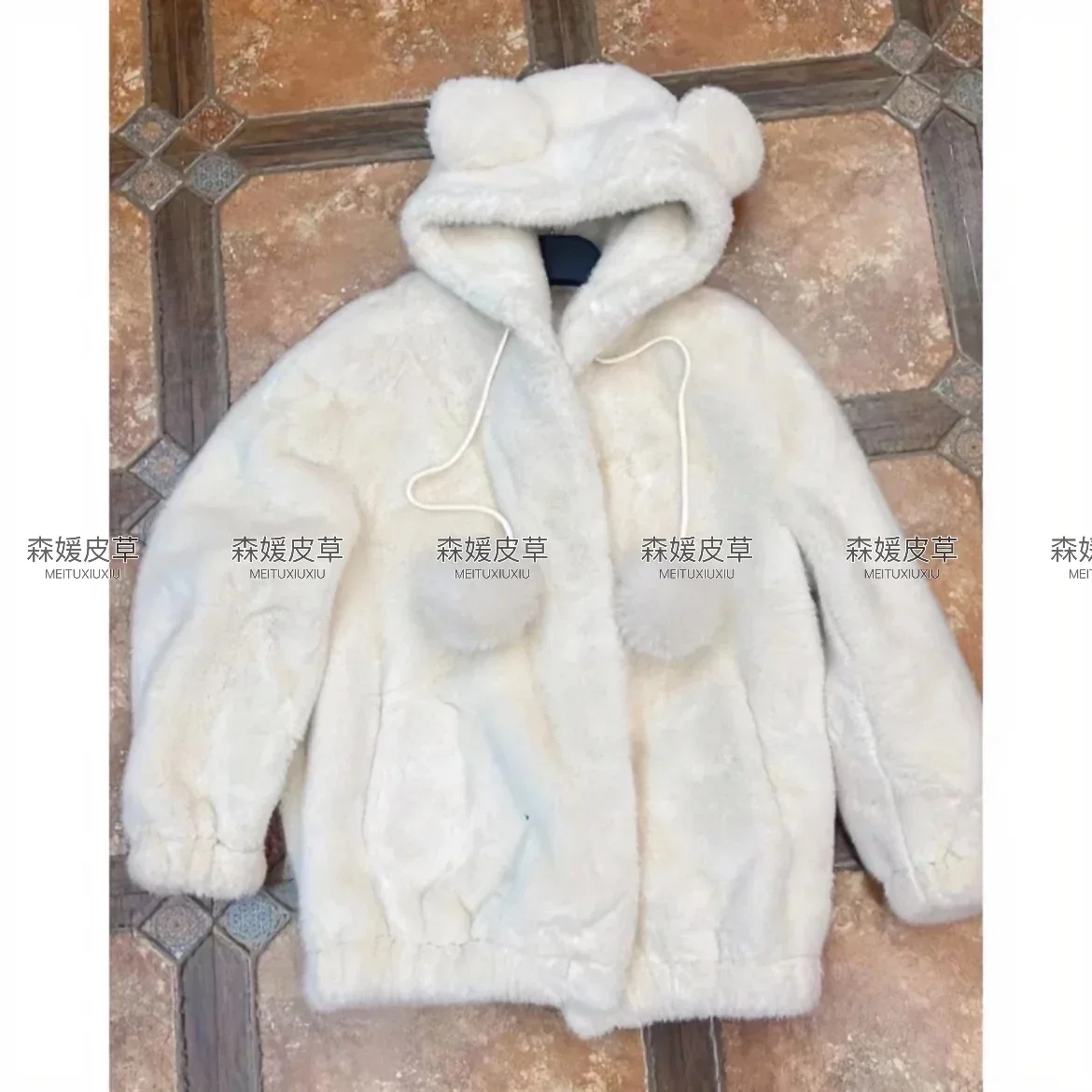 Winter New Sweet Pink Cute Bear Ears Mid-Length Faux Fur Coat European Mink Hooded Thickened Thermal Plush Coats Jacket Femme