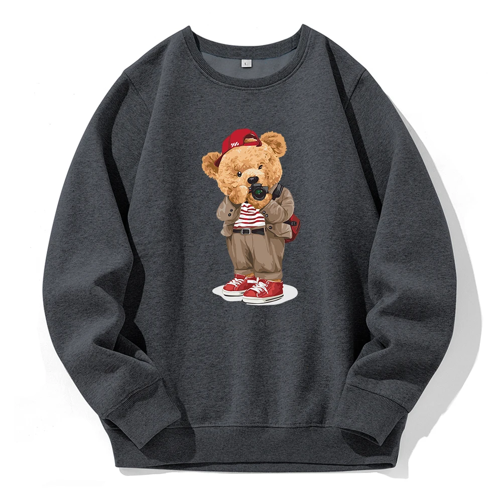 Fashion Teddy Bear Taking Your Photo For Men Hoodies Image Novelty Funny Hoody Loose O-Neck Fleece Hoodie Casual Sports Clothes