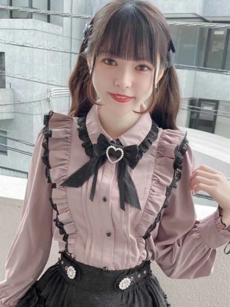 Y2k Pink Bow Blouse Women Japanese Kawaii Lace Ruffle Shirt Harajuku Cute Ladies Tops 2024 Lolita Blusas Femme Camisas Mujer