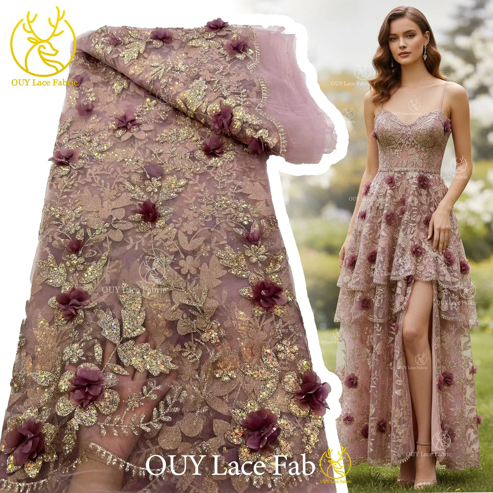 

Элегантное платье из африканского кружева 2026, нигерийская ткань с блестками и пайетками, французское кружево с 3D аппликацией для выпускного вечера и вечеринок