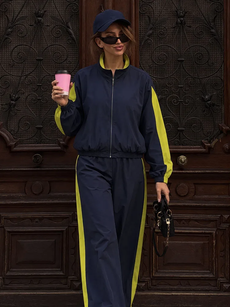 HH Women Navy Blue Track Jacket Spring Autumn Zip Up Color Block Long Sleeve Stand Collar Loose Fit Casual Outerwear for Walking
