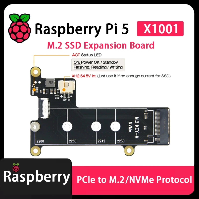 Raspberry Pi 5 PI5 X1001 1001 Placa adaptadora PCIE a M.2 NVMe Protocol M.2 SSD Expansion Board With shell extension board