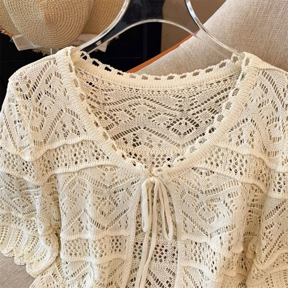 Fashion Flower Knitted Cardigan V-Neck Hollow Out Sun-Proof Tops Thin Short Sleeve Short Sleeve Shawl Summer