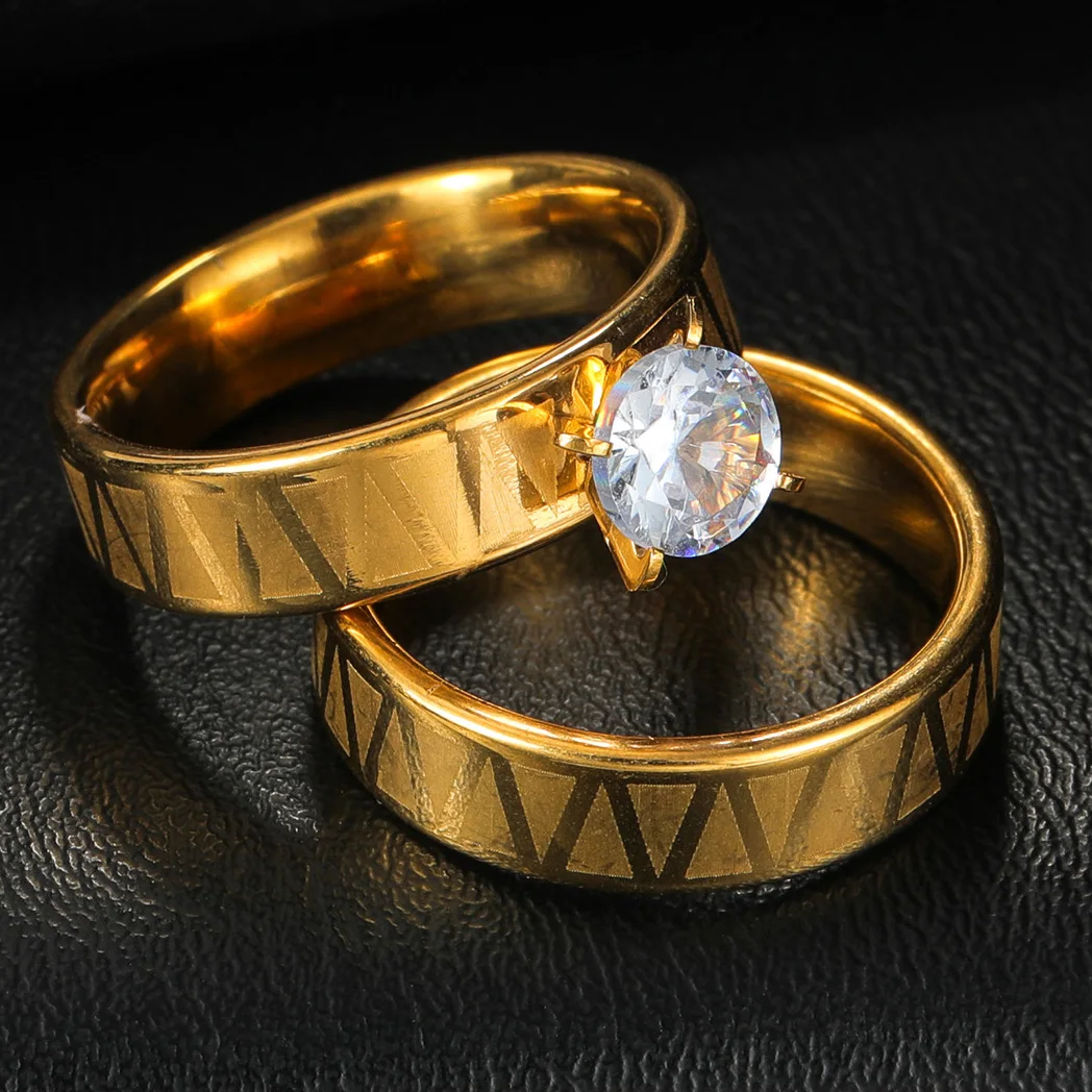Never Fade Simple Gold Color Stainless Steel Engagement Rings for Women Men Elegant Carved Wedding Band Anniversary Gift