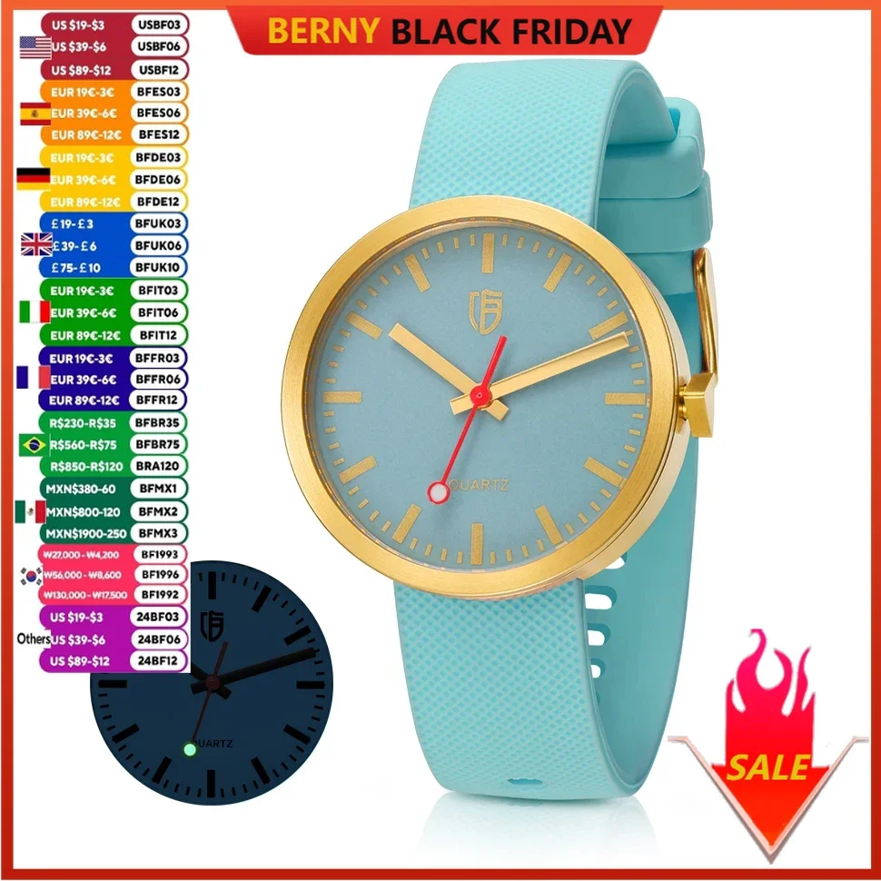 BERNY Women's Watches Railways 38mm Luminous Dial Sapphire Casual Ladies Quartz Wristwatch 5ATM S/S Soft Silicone Men Watch