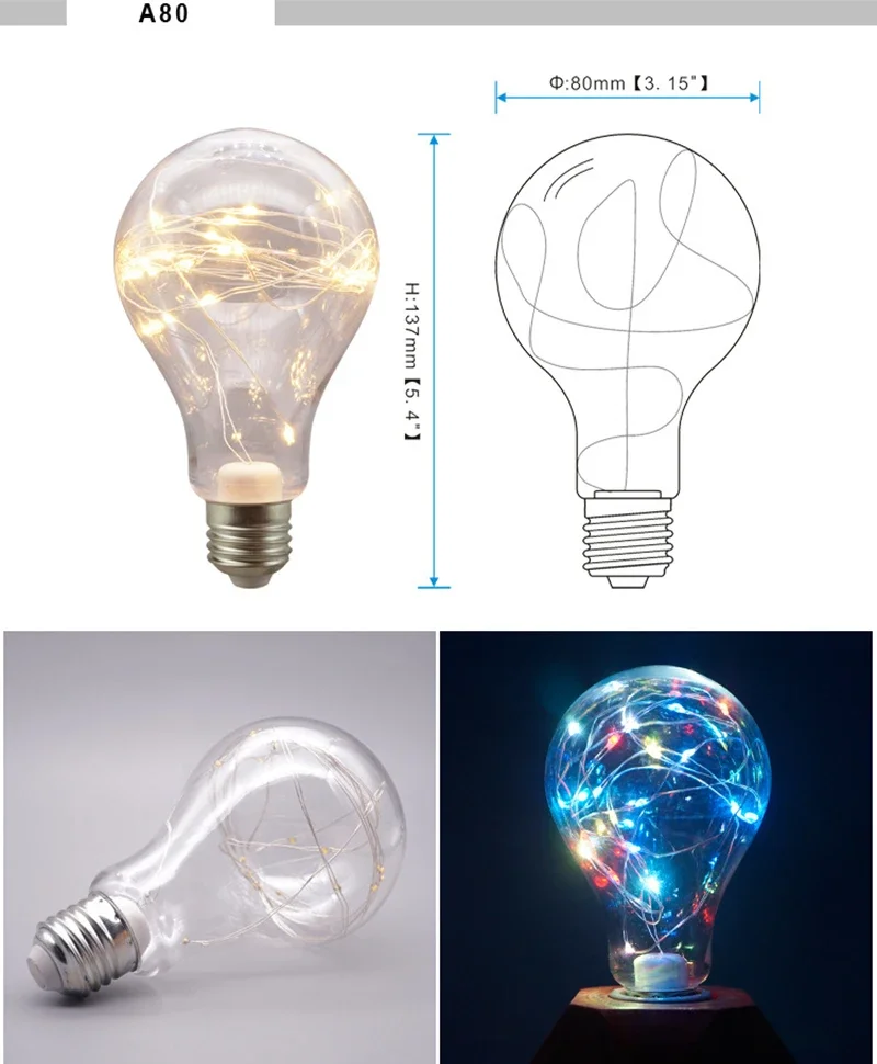 Pop LED Edison String Light Bulb E27 A60 A80 G80 G95 Colorful RGB Lighting Copper Wire Bulb Home Decor Holiday Wedding Night Lig