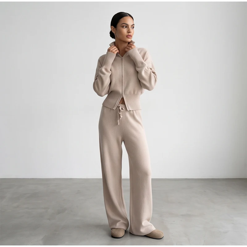 Solid Color Zipper Waist Cinching Casual Set Knitted Top Drawstring Straight Leg Pants 2-piece Sets 2026 Autumn Lady Daily Wear