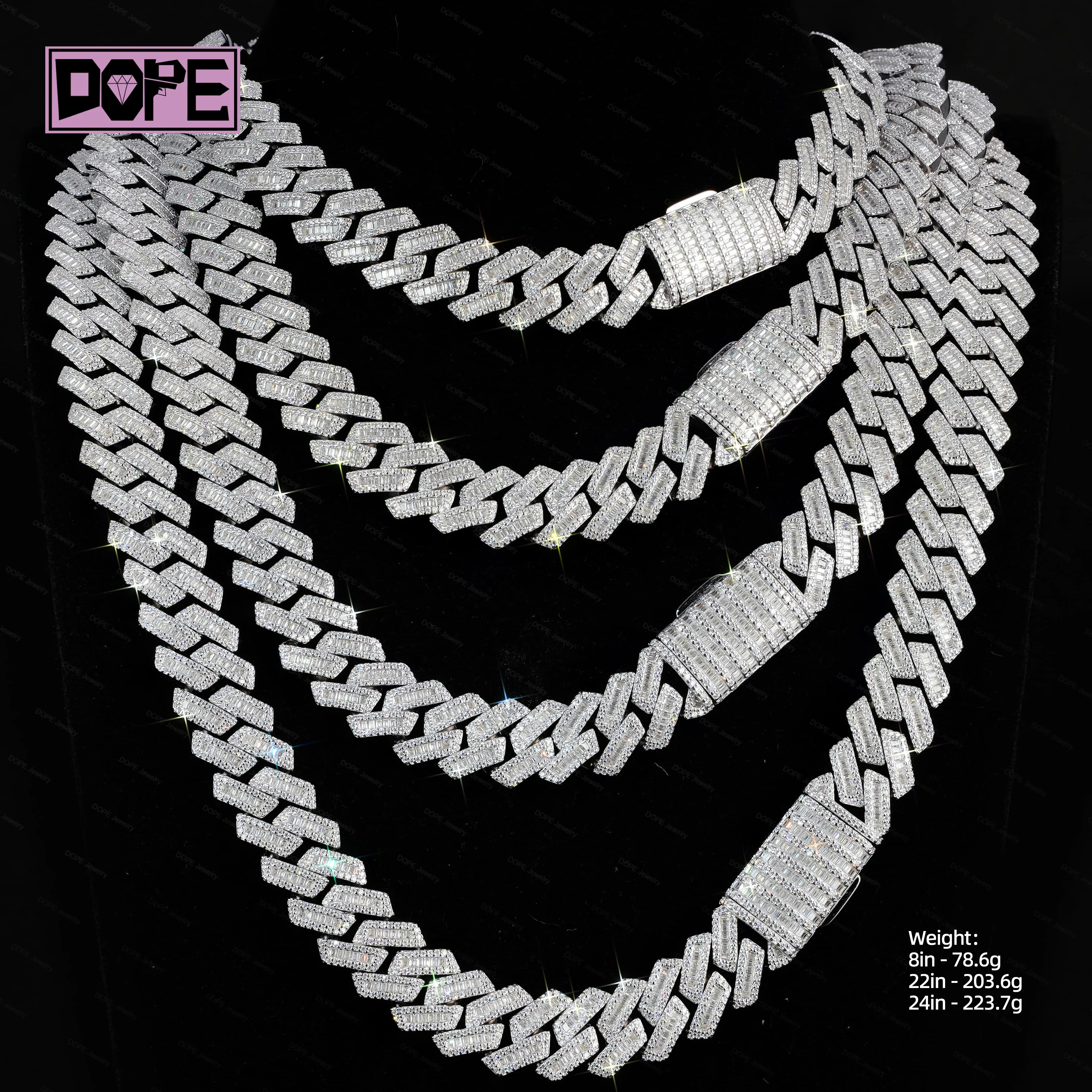 USA Stock 15mm Cuban Link Chain Hip Hop 925 Silver Inner Baguette Cut Iced Out Necklace Moissanite Cuban Chain，