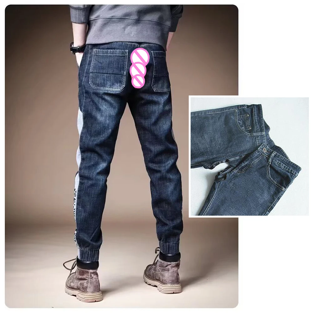 غير مرئية مفتوحة المنشعب في الهواء الطلق الجنس الغريبة Hotpants وزرة الرجعية الرجال الجينز الراقية بسيطة البضائع فضفاض سروال شكل قلم رصاص