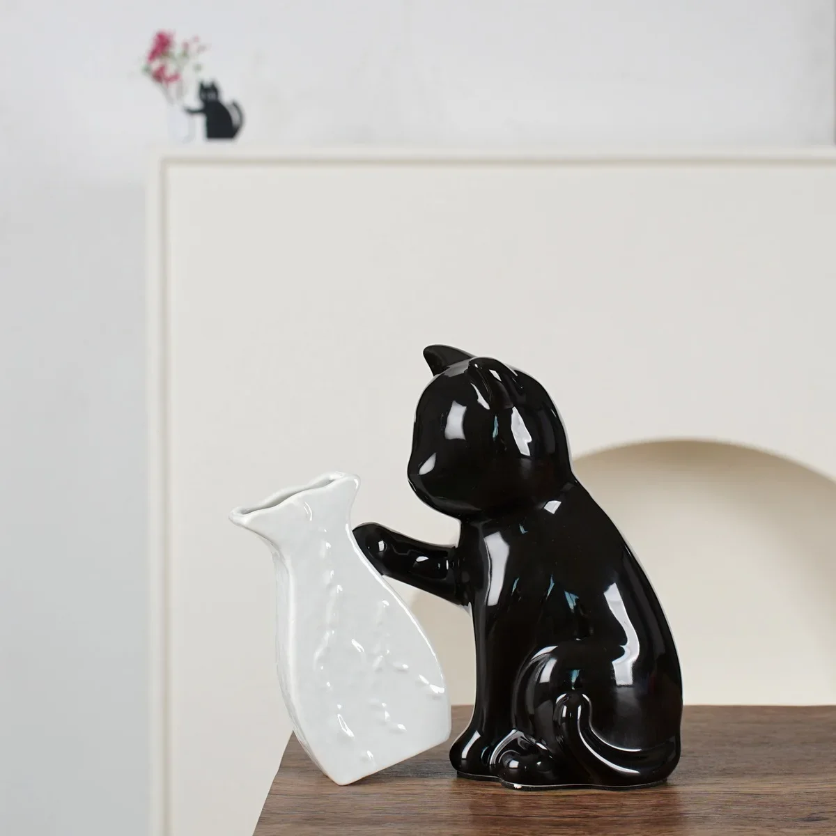Vilead Ceramic Cat Pushing Vase Ornament Black Cat Sculpture with White Flower Pot Table Decor for Living Room Office Shelf Cute