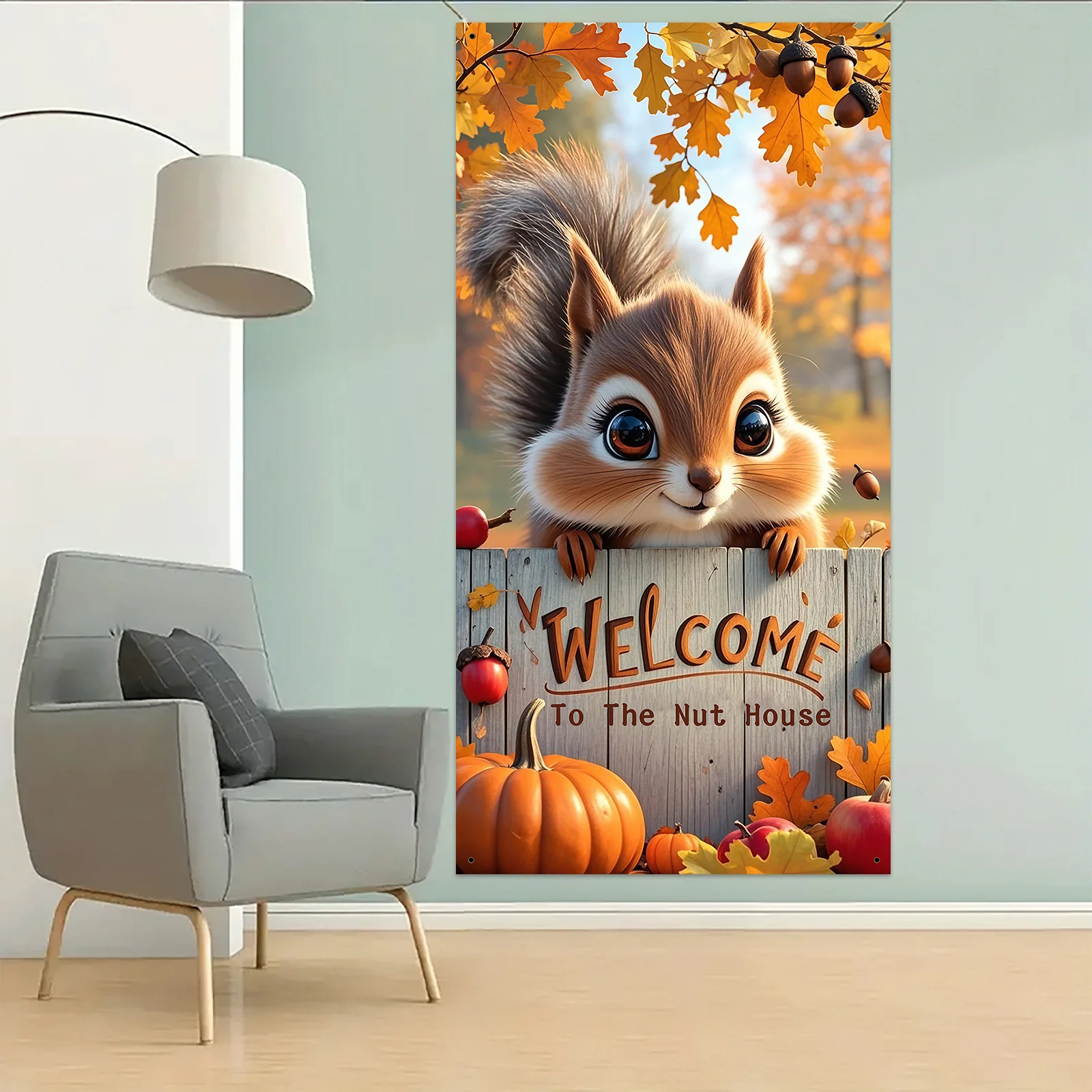 Party Banner 1pc Polyester Autumn-themed Illustration Banner with Cute Squirrels Acorns Pumpkins Thanksgiving Party Decorations