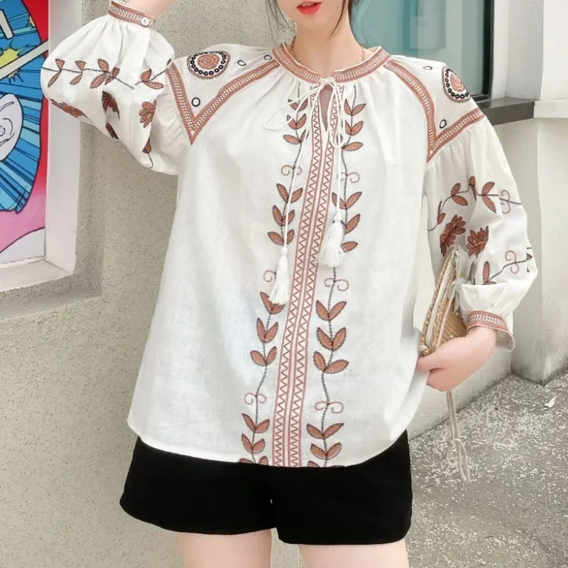 Chic Sweet Embroidery Tassels Long Sleeve O Neck Loose Blouse Elegant French Fashion Sexy Shirt Spring Autumn Women Crop Top