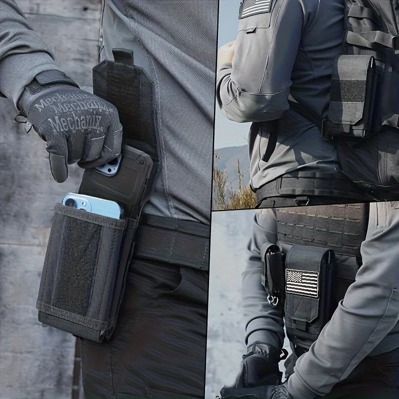 Schwarze Aufbewahrungstasche mit Klappe, Handytasche für große Bildschirme, Werkzeugtasche für die Taille, Münzbörse – Detail 10