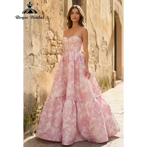 Pink and White 3D Floral Jacquard Satin Strapless Prom Dress Lace-up Back Tiered Ball Gown Evening Dress Customized