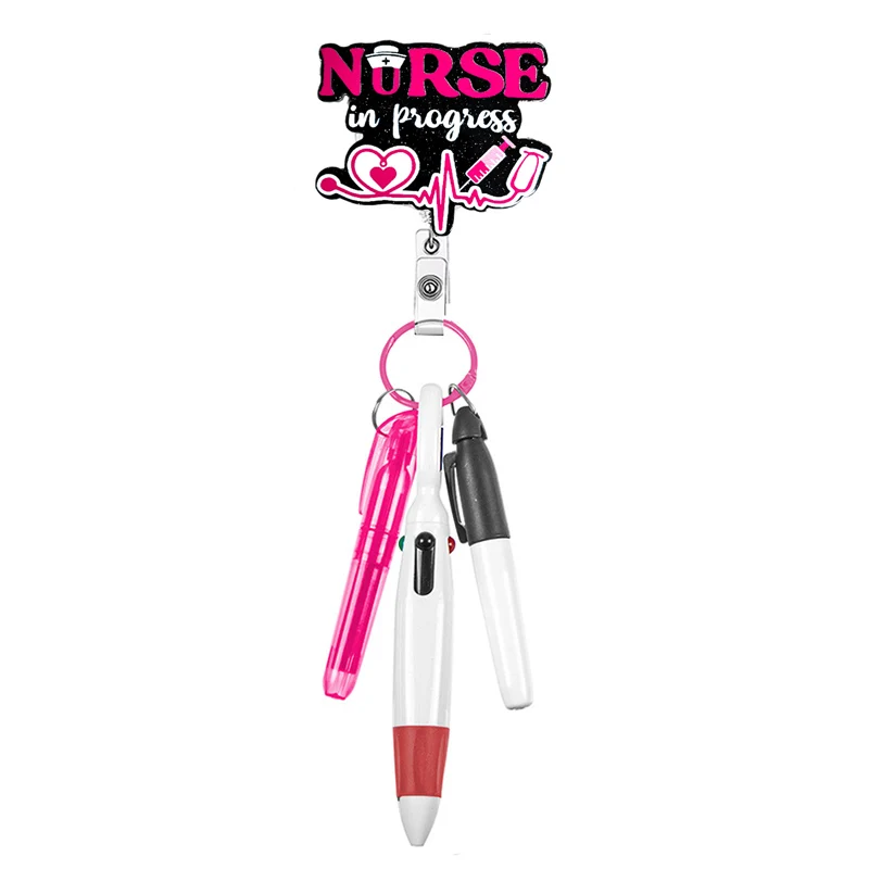 Nurse Pen Set Design Glitter Medicine Bottle Badge Reel Retractable ID Badge Holder With 360 Rotating Alligator Clip Name Holder