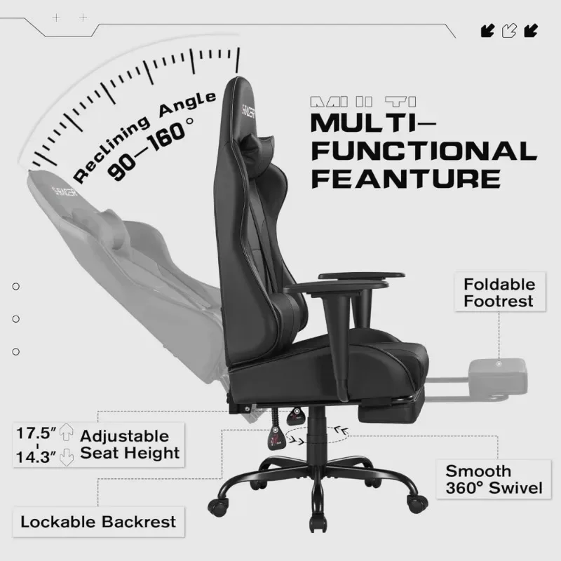 Gaming Chairs, Computer Chair with Footrest and Massage Lumbar Support, Height Adjustable Game Chair with Headrest and Swivel