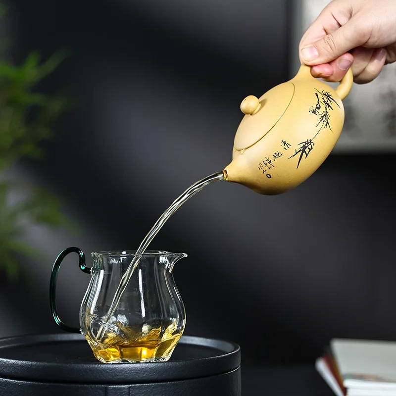 260ML Yixing Teapot Section Mud Kettle Pure Handmade Oblate Ball-hole Filter Tea Pot Hand-painted Bamboo Bird Tea Set Teaware