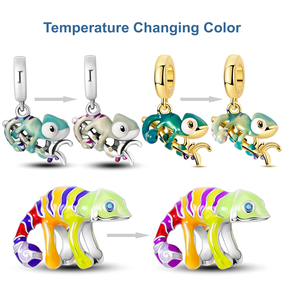 Golden Chameleon Charms Bead Temperature Color-changing Lizard Pendants Fit Bracelet Nacklace Jewelry DIY Gifts For Women