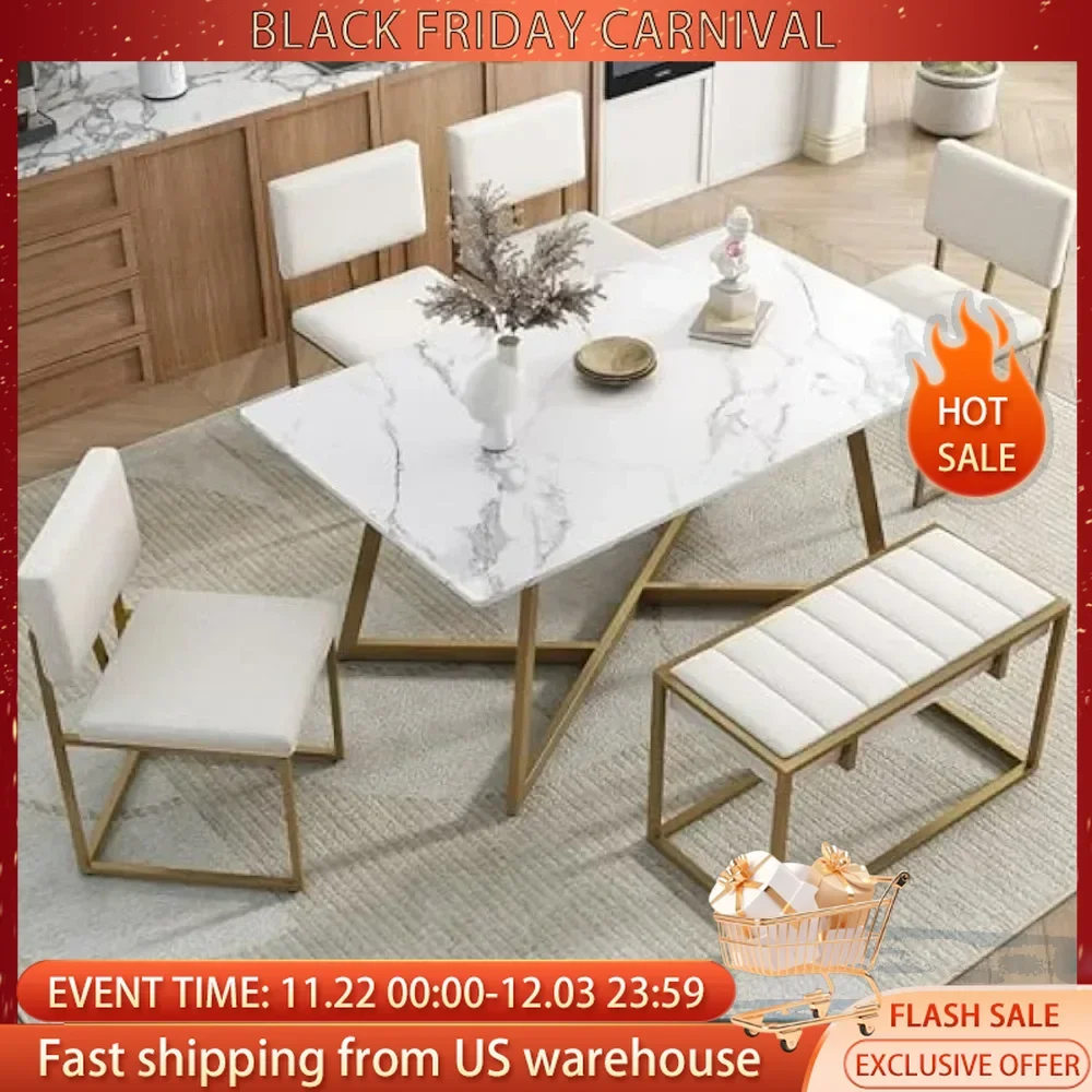 6-Piece Dining Table Set, Metal Kitchen Table Set with 4 Dining Chairs and Bench, Modern Faux Marble Dining Room Set