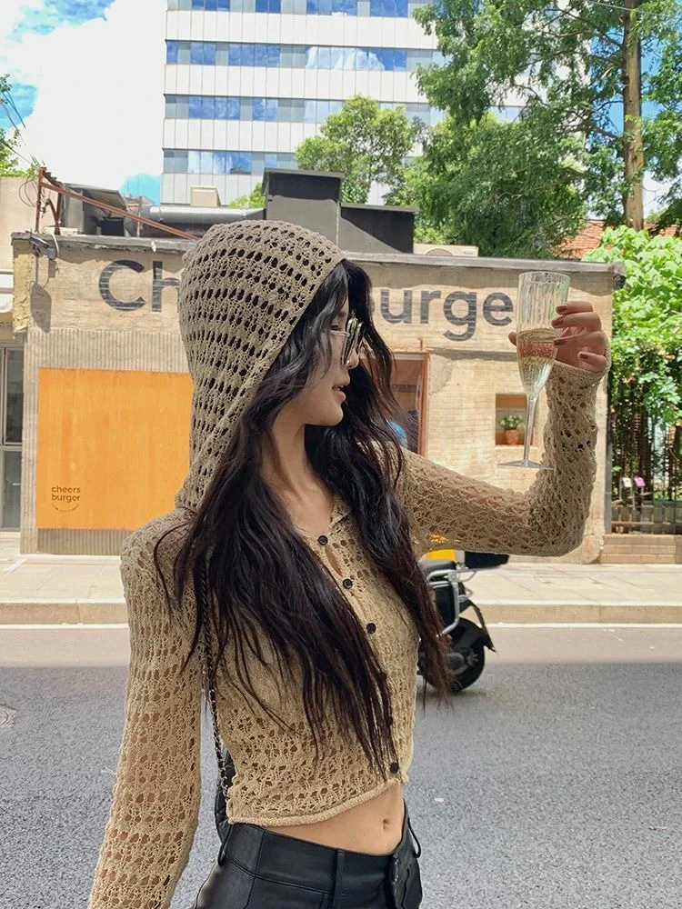 

Vintage Hooded Knitted Cardigan Women Korean Style Hollow Out Y2k Short Cardigan Female Thin Long Sleeve Jumper Street