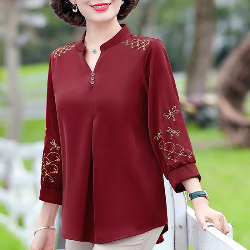 Women Clothes Vintage Embroidery Elegant Blouses Summer Fashion V Neck Three Quarter Sleeve Shirts Solid Loose Ladies Tops S-5XL