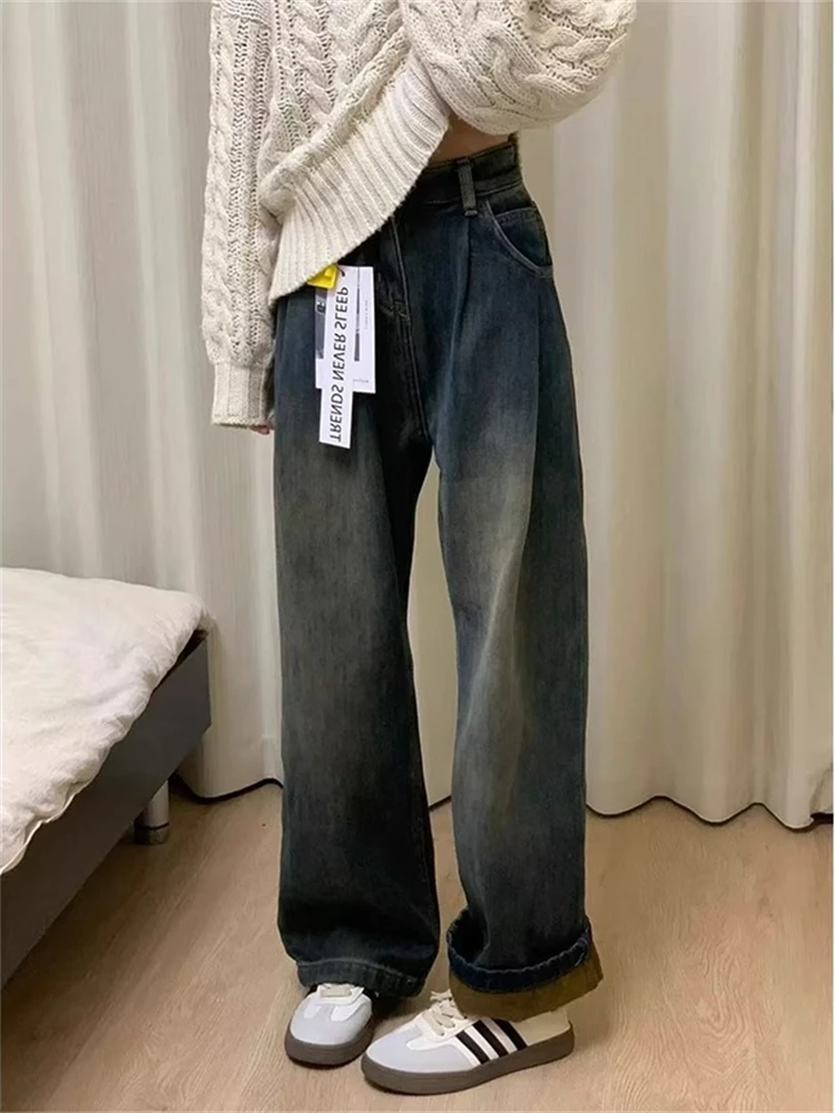 

plus Size Fleece Lined Thick Denim Pants Women Winter Loose High Waist Slim Straight Leg Floor Length Trousers Casual Style