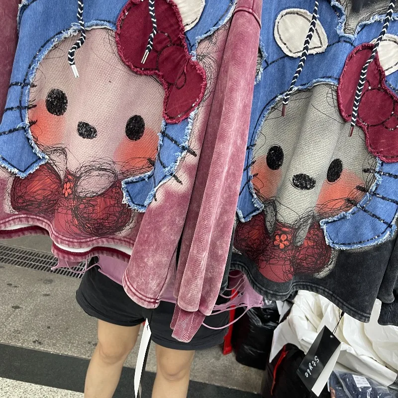 Heavy Industry Patchwork Cartoon Washed Vintage Hoodie Autumn New Loose Slimming Versatile Pullover Top Long-sleeves Sweatshirts