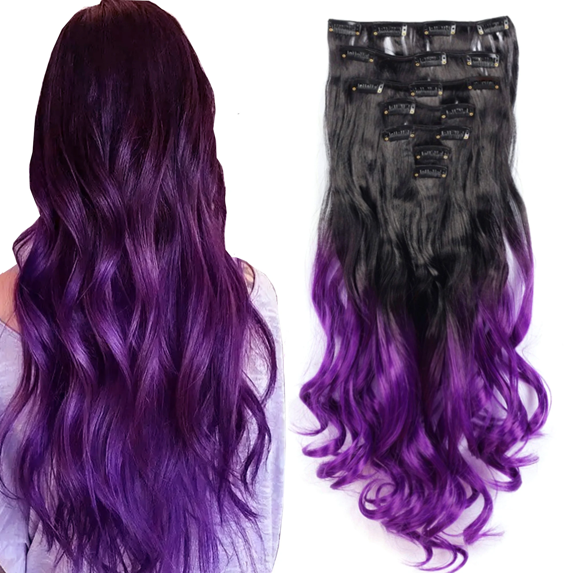 Soowee Synthetic Hair Curly Black To Purple Rainbow Clip In Hair Extension Fake Hair Ins One Piece Violet Extensions