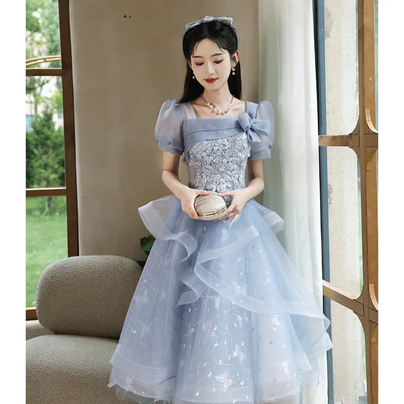 Mode blau Ballkleider quadratischen Kragen Applikationen Volant Organza Prinzessin Ballkleider Frauen formelle Party Abendkleid