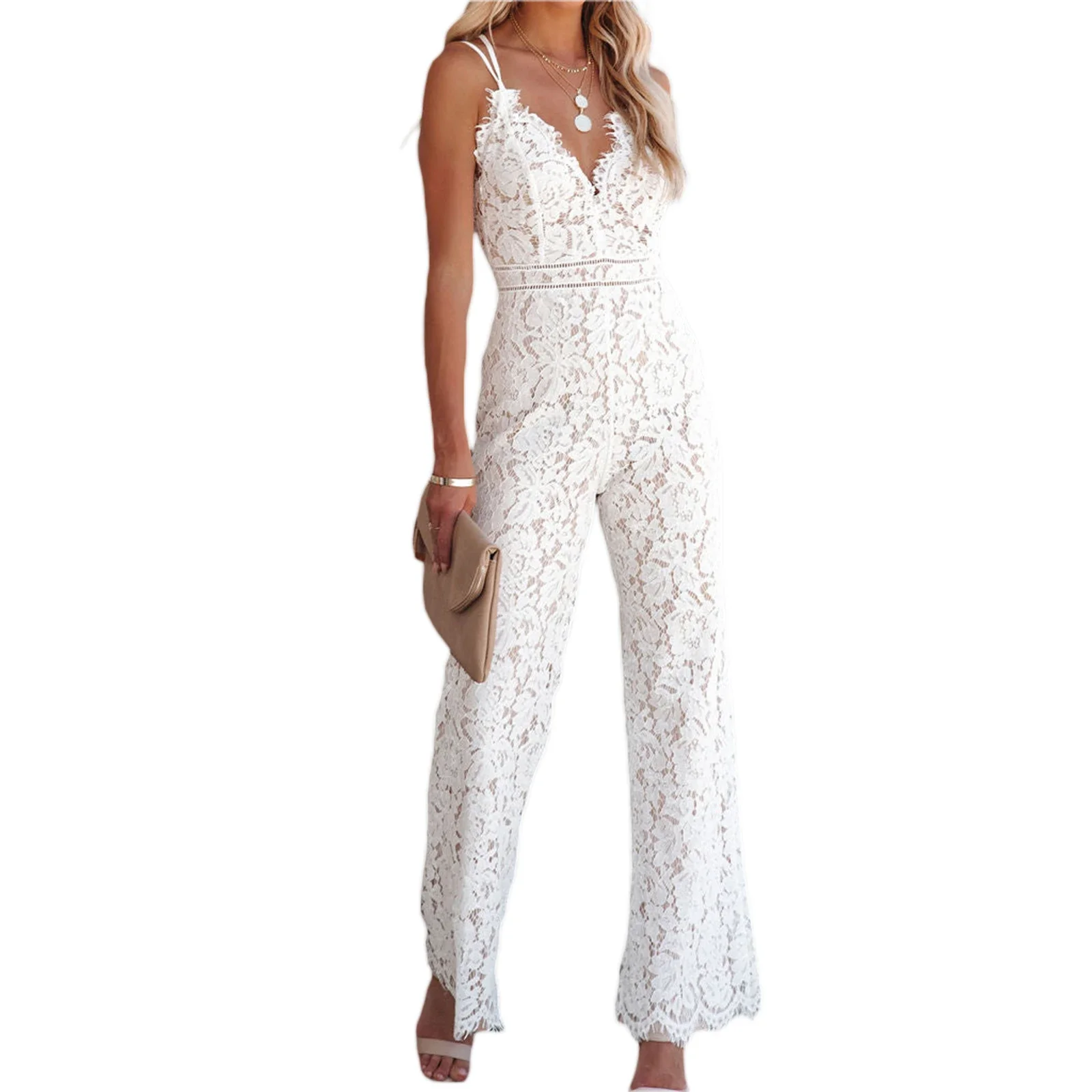 Women Elegant Jumpsuit, Spaghetti Straps V Neck Solid Color Lace Open Back Wide-leg Jumpsuits Long Playsuit