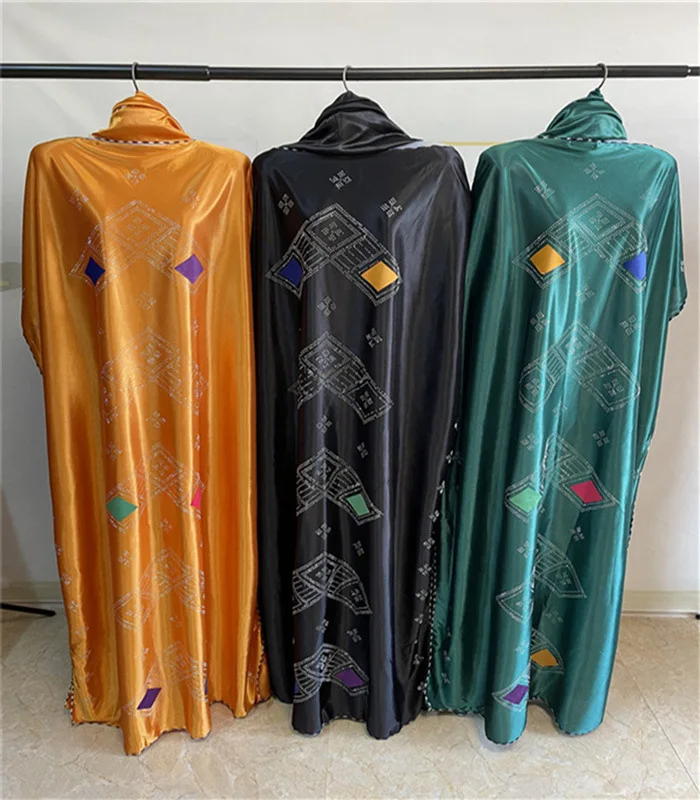 Women’s Modest Casual Long Robe with Hijab, Double-Sided Rhinestone Color Block Patchwork Plus Size Loose Fit Muslim Dress