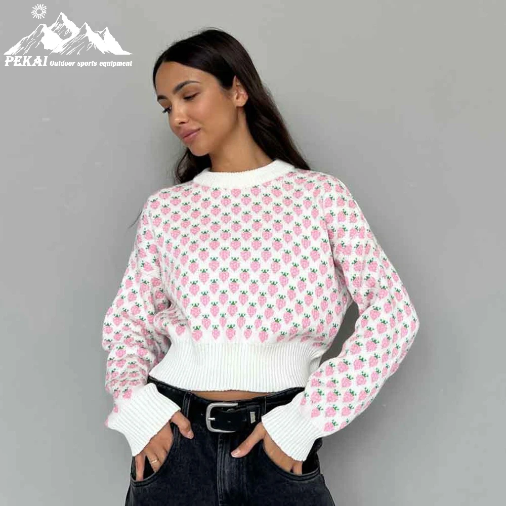 

Пуловер с круглым вырезом на осень и зиму, новый клубничный жаккардовый женский свитер с короткими рукавами в европейском и американском стиле