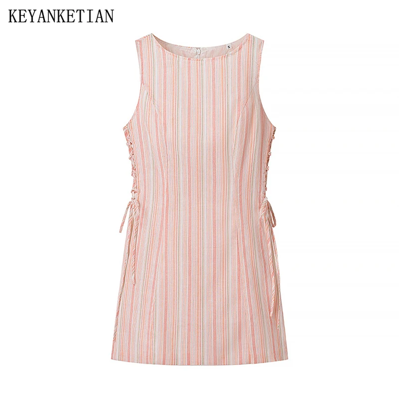 KEYANKETIAN 2025 Summer New Women's Hollow out Lace Up Expose waist Striped Sleeveless Mini Dress Fashion Chic Slim Tank Dress