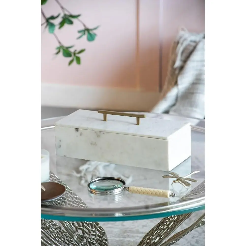 

White Marble Rectangular Storage Box With Brass Handle, Contemporary Accent Box, Removable Lid, 14.5' X 7'
