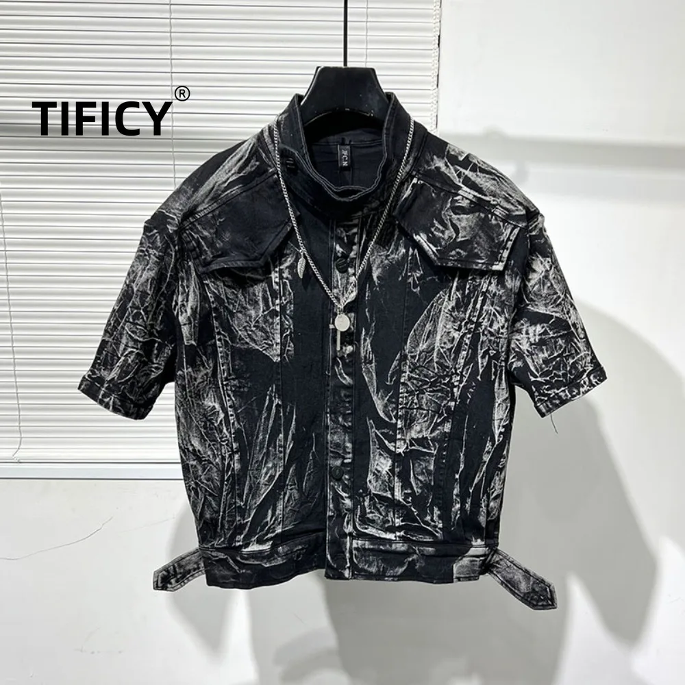 High Street Irregular Graffiti Retro Vintage Vintage Denim Jacket Men's Cool and Stylish Functional Workwear Short Vest Top