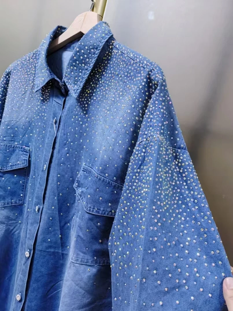 

New In 2025 Autumn Sparkle Sequins Hot Drilling Denim Shirts and Blouses Women's Loose Casual Denim Top Jacket Woman Clothes