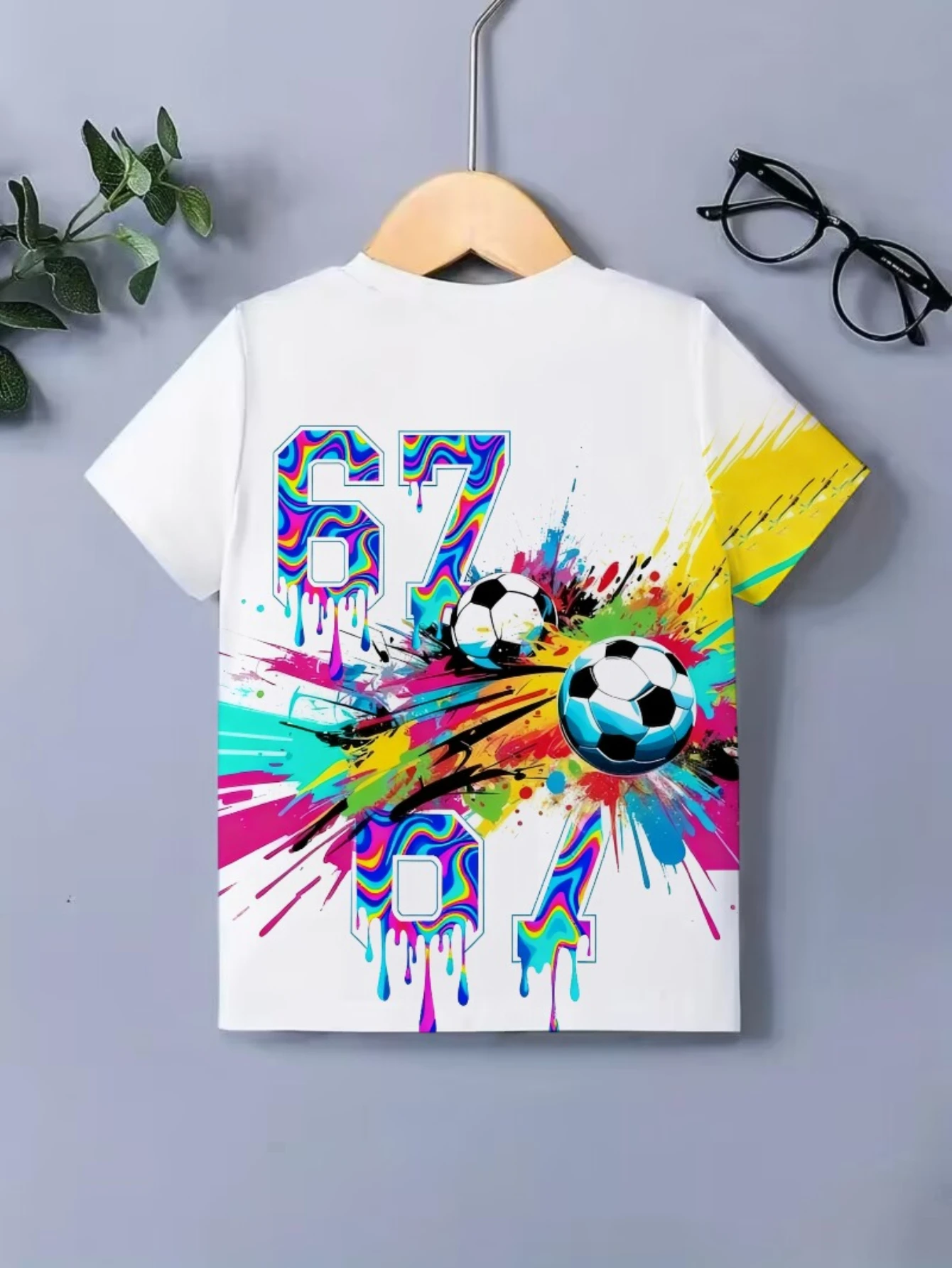 Drip Paint Splash Soccer Kids T‑Shirt, Boys Psychedelic 67 Number Football Graphic Short Sleeve Crew Neck Casual Summer Top