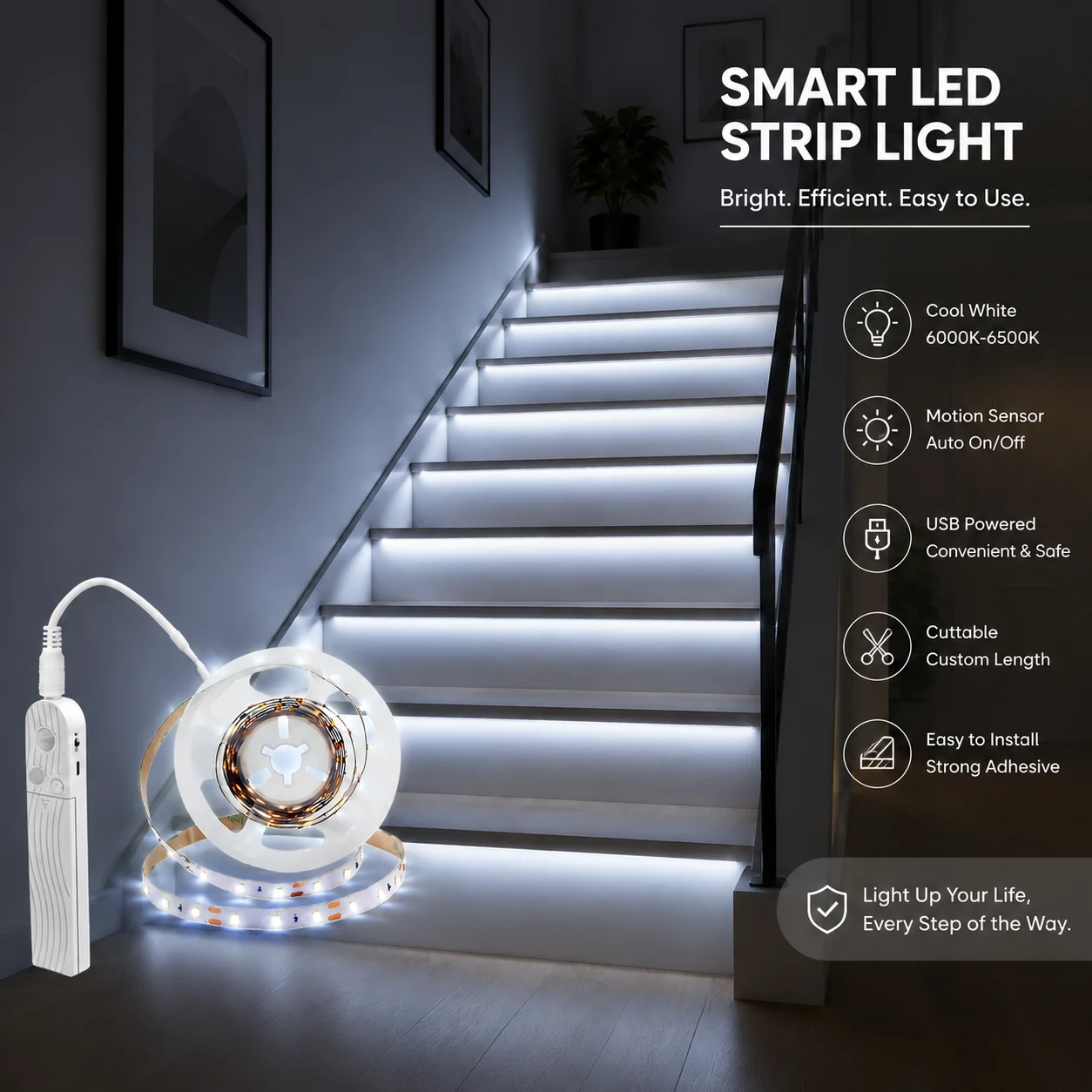 LED sensor light strip, USB and battery powered (batteries not included). Suitable for bedside, staircase, and cabinet lighting.