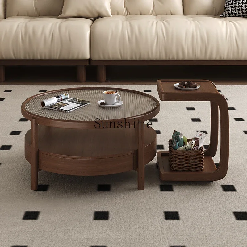 Solid wood rock slab retro living room home glass double round coffee table